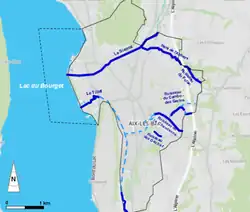 carte en couleurs de la localisation des cours d'eau sur Aix-les-Bains.