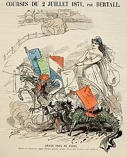Courses du 2 juillet 1871, par Bertall  Dessin du&nbsp;Grelot&nbsp;du 25 juin 1871, à propos des élections législatives partielles du 2 juillet 1871. Faisant la course avec l'hydre de l'anarchie, le char de la République est attelé au cygne légitimiste, au coq orléaniste, à l'aigle bonapartiste et au cheval de labour des ruraux.