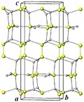 Structure de la covellite en dessous de 55&nbsp;K. Jaune : S, gris : Cu.