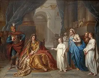 peinture : dans un palais à colonnades, au centre, une femme assise et richement habillée, fixe son regard désapprobateur ou torve sur un enfant vêtu de blanc, placé sur sa gauche. La main de l’enfant est tendue, paume en l'air, son regard est tourné vers le ciel et il s'exprime devant un public attentif. Il est accompagné de trois jeunes femmes. À gauche un groupe de gardes portant des lances et un homme plus proche de la femme tient sa main en l'air.