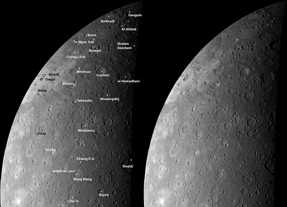 Deux images côte à côté d'un même fragment de la planète délimité par le terminateur, la première portant des légendes, la seconde non.