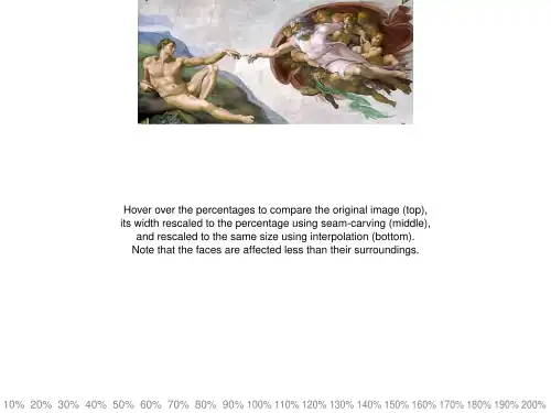 Démonstration interactive SVG du seam carving, utilisant la fonction liquid-rescale d'ImageMagick. En cliquant ci-dessus, on peut survoler pour comparer les trois images : on note que les visages sont moins affectés que le reste.