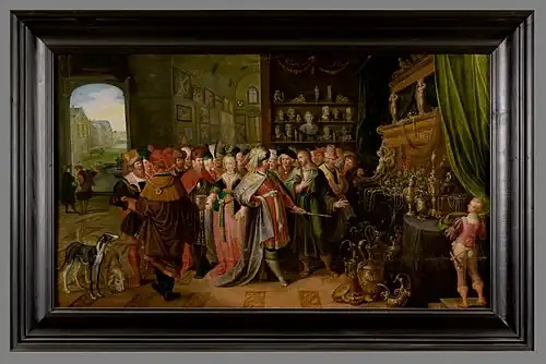 Franck II Francken (inspiré de), Crésus montrant ses trésors à Solon. Huile sur panneau de bois, XVIIe&nbsp;siècle, Avignon, Musée Calvet.