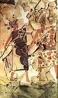 Guerriers minoens armés et casqués sur une fresque d'Akrotiri