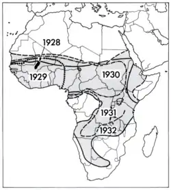 Extension de l'invasion du Criquet migrateur qui a débuté en 1928 dans le delta central du fleuve Niger au Mali (zone en noir). Cette invasion n'a pris fin qu'en 1941 (d'après Batten 1966, in Duranton et al. 1982).