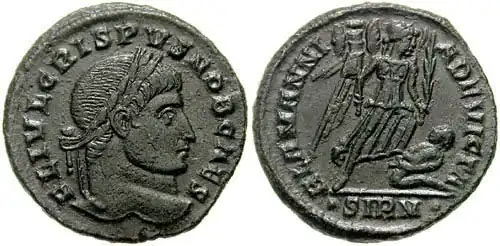 monnaie d'argent patiné gris. Avers, profil masculin ; revers, camp