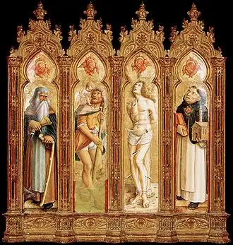 Les quatre saints, soit de gauche à droite : saint Antoine abbé, saint Christophe, saint Sébastien et saint Thomas d'Aquin, musée d'Art de Denver.