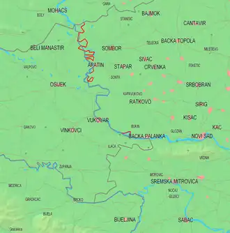 Carte de la frontière croato-serbe (en rouge le tracé revendiqué par la Croatie).