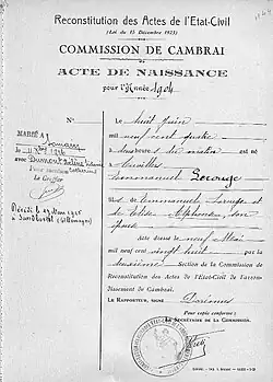Acte de naissance d'Emmanuel Lerouge, reconstitué le 9 mai 1928.