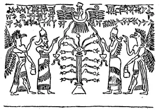 Copie de l'empreinte du sceau-cylindre du roi Mushezib-Ninurta de Shadikanni, vassal de l'Assyrie, reproduisant la scène du panneau central de la salle du trône du palais nord-ouest de Nimroud et contribuant ainsi à la diffusion de l'imagerie royale assyrienne.