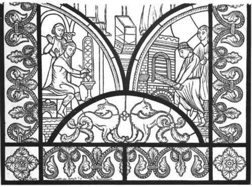 À gauche, le maître verrier peigne la future verrière dans son atelier avec, en arrière-plan, un témoin admiratif. À droite, un artisan dépose les panneaux de verre dans un four tandis que le cuiseur est debout, prêt à jeter du charbon dans le foyer.