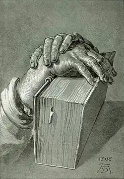 Albrecht Dürer, Étude de mains avec une Bible, 1506.