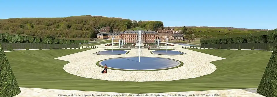 Vue restituée depuis le bout de la perspective des jardins de Dampierre.