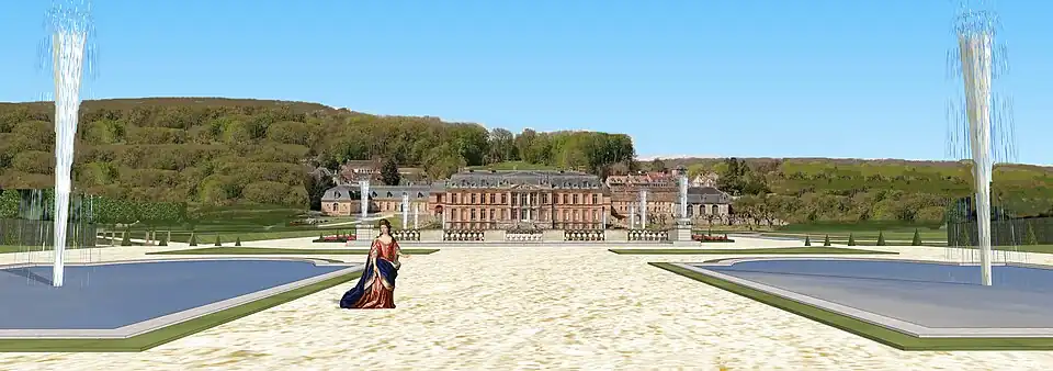 Vue restituée des jardins de Dampierre, depuis la terrasse supérieure.
