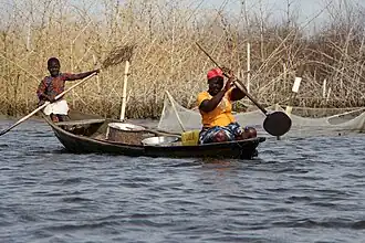 Femme et son enfant dans une pirogue, naviguant devant un acadja.