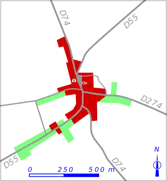 Carte en couleur représentant les étapes de développent du bâti d'un bourg.