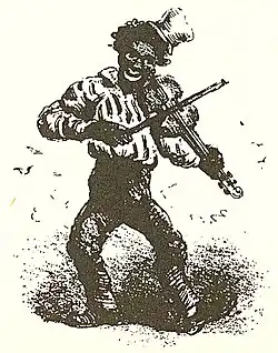 Dessin en noir et blanc montrant un homme noir qui joue du violon, coiffé d'un vieux chapeau.