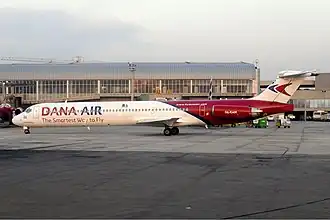 5N-RAM, le MD-83 impliqué dans l'accident, ici à l'aéroport international Murtala-Muhammed de Lagos en octobre 2009