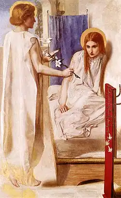 Peinture. L'ange, presque de dos, présente un lys à Marie recroquevillée sur son lit. Murs et habits sont blancs.