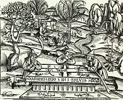 gravure en noir et blanc avec trois hommes autour d'un tombeau portant les lettres DAPHNIS EGO IN SILVIS