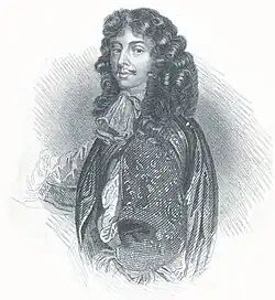 Gravure représentant un homme avec perruque poudrée et habits raffinés, vu de trois-quarts