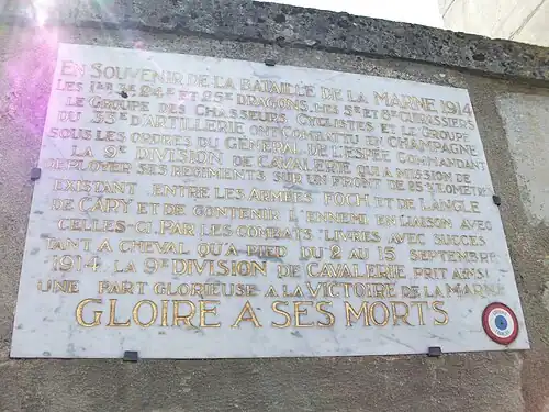 Plaque commémorative du combat de la 9e&nbsp;division de cavalerie commandée par le général de l'Espée lors de la première bataille de la Marne.