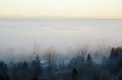 Brouillard de vallée causé par une inversion.