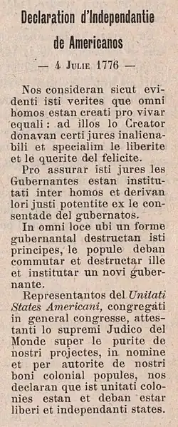 Traduction d'un extrait de la Déclaration d'indépendance des États-Unis en romanal, 1917.