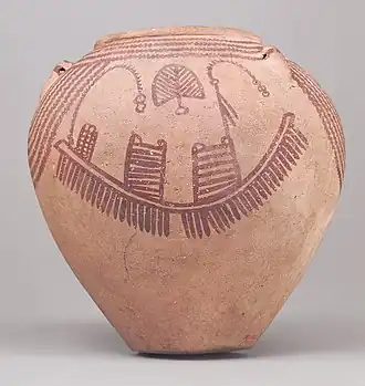 Vase funéraire. Décor à base de signes graphiques : bateaux, H.20 cm.Metropolitan Museum of Art