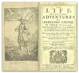 John Clark et John Pine signent le portrait de Robinson Crusoe, publié à Londres par W. Taylor en 1719