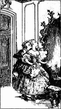 Homme à gauche baisant la nuque d'une femme tête levée dans un coin de salon, robe à paniers