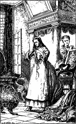 femme non encore coiffée à sa toilette, assistée d'une jeune fille préparant une lourde robe à droite