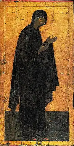 Icône déisis de la Mère de Dieu, partie de l'iconostase de la cathédrale de l'Annonciation de Moscou au kremlin. Théophane le Grec (?), fin XIVe-XVe&nbsp;siècle.