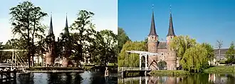 Vues sur la porte de l'Est (en nl Oostport) de Delft - vue de gauche vers 1900 et vue de droite le 27 avril 2020.