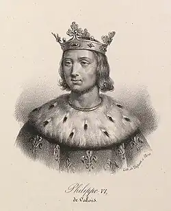 Dessin en noir et blanc et en buste d'un homme portant une couronne ornée de lys et vêtu d'une hermine et d'un manteau fleurdelisé.