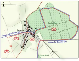 Colour map image depicting town and wood to the right of the town. Shows main access routes and positions of Allied and German forces on 15 July 1916