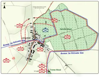 Colour map image depicting town and wood to the right of the town. Shows main access routes and positions of Allied and German forces on 16 July 1916