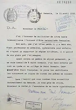 Demande de naturalisation française de Lily Grosser, 22 avril 1936