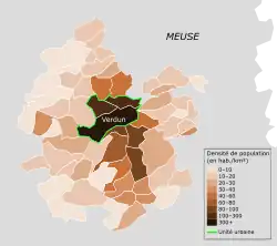 Carte affichant la densité de chaque commune de l'aire urbaine de Verdun.