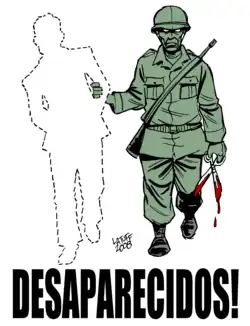 Dessin de presse représentant un militaire tenant dans la main gauche une paire de cisailles ensanglantées et dans la main droite une silhouette en pointillés menottée.