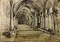 Dessin d'un cloître avec voûtes d'ogives, dessin aux crayons noir, Auguste Carlone, bibliothèque patrimoniale Romain-Gary, Nice, cote DES.561