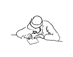 Dessin à l'encre noire d'un homme écrivant une lettre