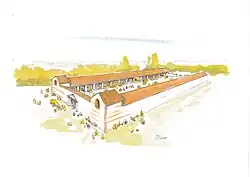 Dessin d'artiste représentant un long bâtiment à galeries en vue aérienne.