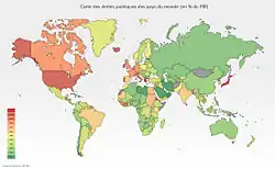 planisphère indiquant en couleurs allant du rouge au vert les pays en fonction de leur taux d'endettement public. L'Afrique est globalement en vert