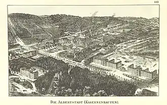Casernes dans l’Albertstadt, avec au centre le pont Carolabrücke sur la rivière Prießnitz. Gravure d’env. 1890.