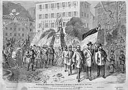 Gravure représentant des personnes arrivant à La Chaux-de-Fonds