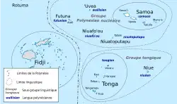 Carte de la Polynésie montrant deux groupes d'îles : au nord, le groupe polynésien nucléaire (Wallis, Futuna, Samoa, Niuafo'ou, Niuatoputapu) et au sud le groupe tongique (Tonga, Niue)