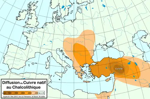 Aire de diffusion de l'utilisation du cuivre natif au Chalcolithique