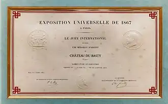 Diplôme reçu à l'Exposition universelle de 1867 par le château du Basty.