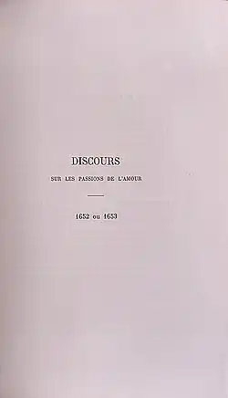 Page de titre du Discours sur les passions de l'amour dans l'édition des œuvres complètes de Blaise Pascal par Armand-Prosper Faugère, parue en 1844.